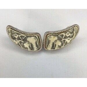 Carved Ornate Elephants Pierced Post Earrings Silver Tone Braided Rim 1" Vintage